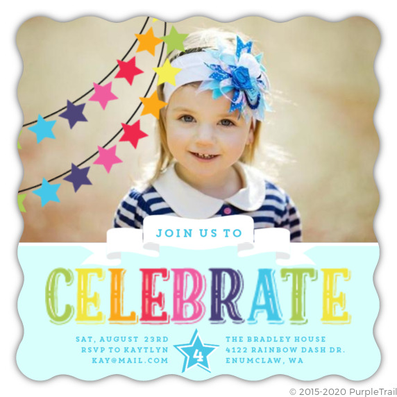 Rainbow Celebrations Kids Birthday Party Invitation by PurpleTrail.com.